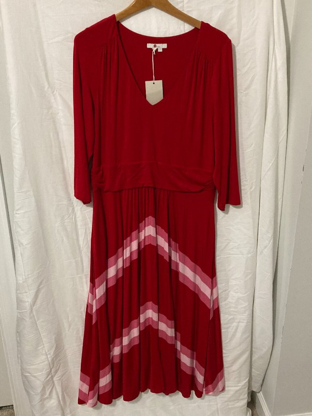 NWT Boden Midi Dress Womens 14 Red 3/4" Sleeves Modest Cotton Classic Geo Print